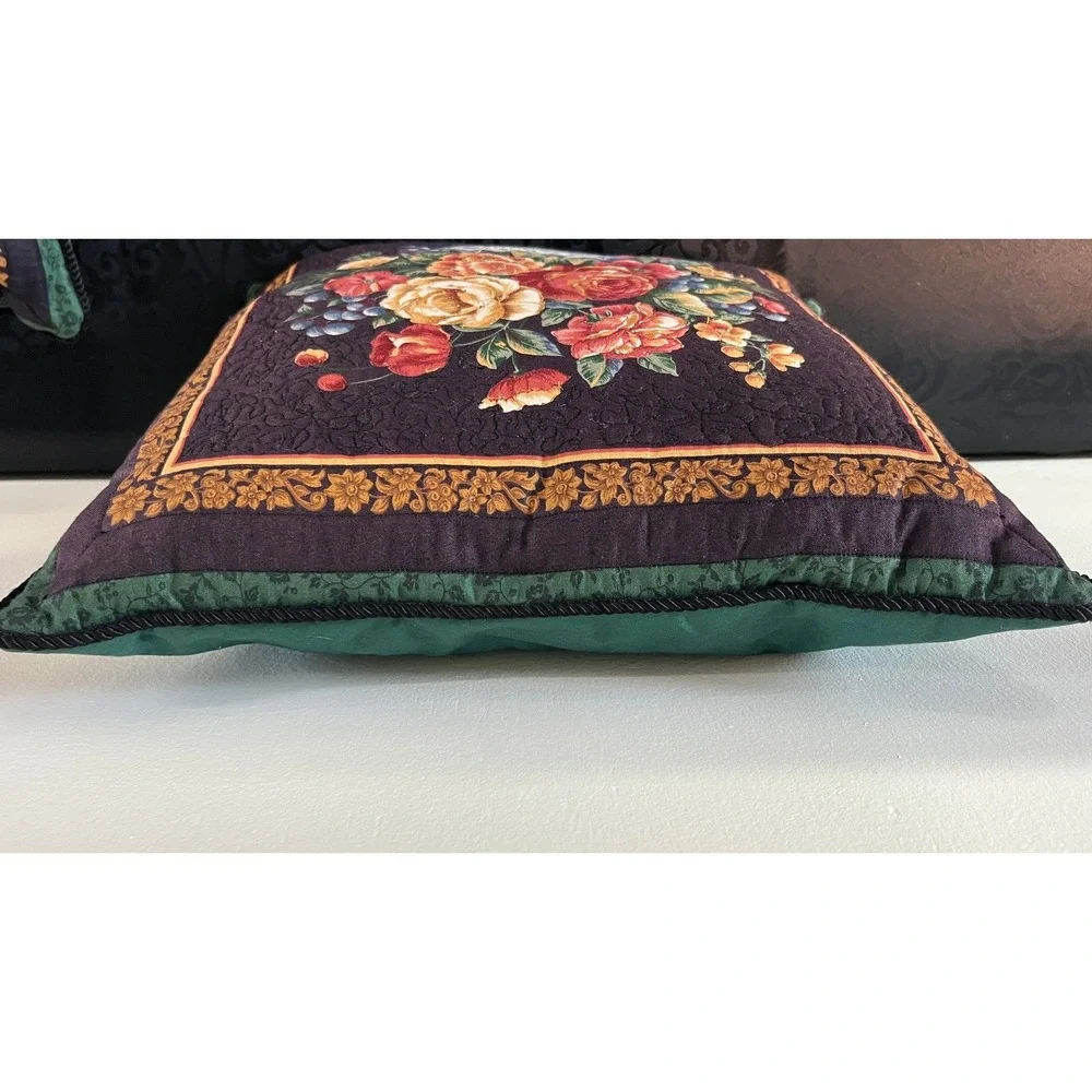Quilted Floral Still Life Throw Pillows Set of 2 Plum Green 13x13 Vtg Corded